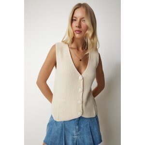 Happiness İstanbul Women's Cream Knitwear Vest with Buttons