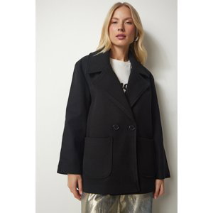 Happiness İstanbul Women's Black Double Breasted Collar Pocket Cachet Coat