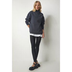 Happiness İstanbul Women's Anthracite High Neck Basic Raised Sweatshirt