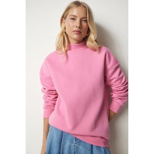 Happiness İstanbul Women's Light Pink High Neck Basic Raised Sweatshirt