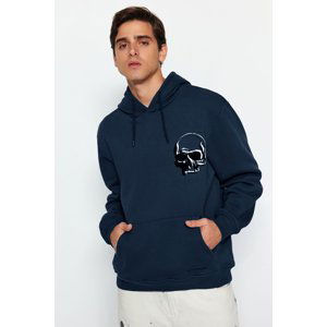 Trendyol Indigo Men's Regular/Regular Cut Hoodie with Velvet Printed Sweatshirt with a Soft Pile Inside.