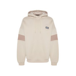 Trendyol Men's Beige Oversize/Wide-Fit Hooded Label Detail Color Block Fleece Sweatshirt