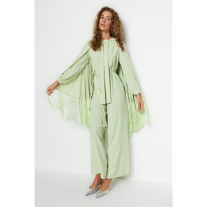 Trendyol Light Green Tasseled Cape-Jumpsuit Evening Dress Suit