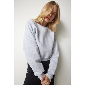 Happiness İstanbul Women's Gray Melange Raised Crop Sweatshirt
