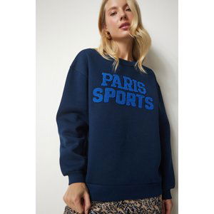 Happiness İstanbul Women's Navy Blue Embroidered Raised Oversize Sweatshirt