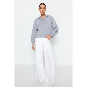 Trendyol Gray Melange Hooded Zippered Comfort Cut Crop Fleece Knitted Sweatshirt