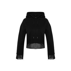 Trendyol Black Thick Inner Fleece Mesh Detailed Hooded Comfort Fit Crop Knitted Sweatshirt