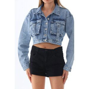 BİKELİFE Women's Pocket Detailed Oversize Crop Denim Jacket