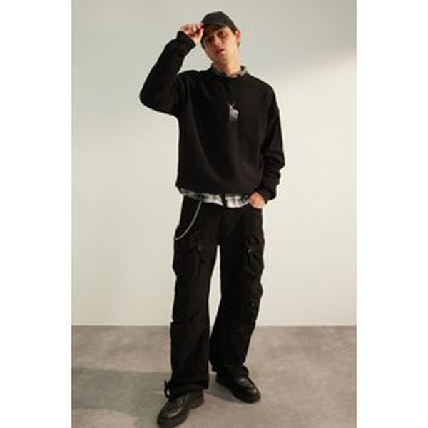 Trendyol Men's Black Oversize/Wide Fit Limited Edition Premium Zipper High Neck Animal Embroidery Sweatshirt