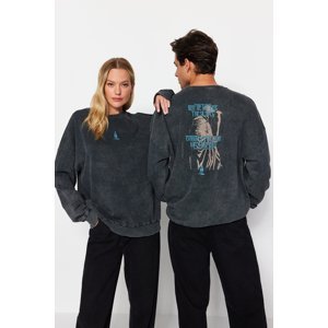 Trendyol Anthracite Men's Oversize/Wide Cut 100% Cotton Aged/Faded Effect Mystical Themed Sweatshirt