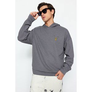 Trendyol Men's Gray Oversize/Wide-Fit Hooded Animal Embroidery Textured Sweatshirt