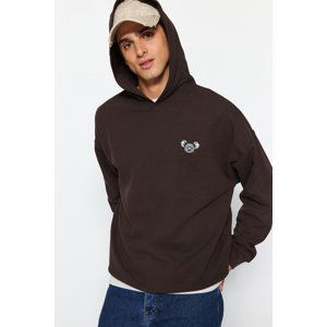Trendyol Men's Brown Oversize/Wide-Fit Hooded Animal Embroidery Textured Sweatshirt