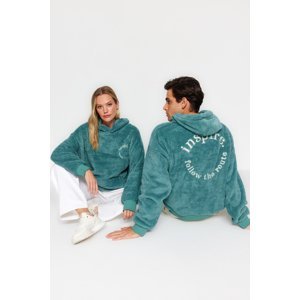 Trendyol Mint Men's Oversize/Wide-Fit Hooded Long Sleeve Letter Embroidered Thick Plush Sweatshirt