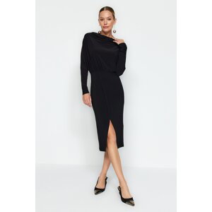 Trendyol Black Scoop Neck Slit A-Line/A-Line Form Midi Flexible Knitted Dress
