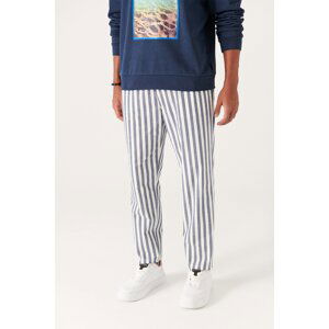 Avva Men's White-navy blue Wide Striped Relaxed Fit Trousers