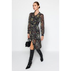 Trendyol Multicolor Paisley Patterned Midi Piping Detailed Lined Chiffon Woven Shirt Dress