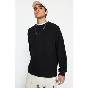 Trendyol Men's Black Oversize/Wide-Fit Label Long Sleeve Textured Cotton Sweatshirt