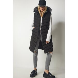 Happiness İstanbul Women's Black Furry Hooded Long Puffer Vest