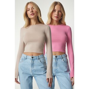 Happiness İstanbul Women's Pink Beige Basic 2-Pack Knitted Crop Blouse