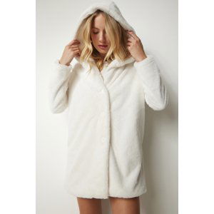 Happiness İstanbul Women Ecru Hooded Oversize Furry Plush Coat