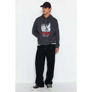 Trendyol Men's Anthracite Oversize/Wide-Fit Hooded Outdoor Printed Sweatshirt