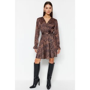 Trendyol Brown Belted Animal Patterned Double Breasted Neck Woven Dress