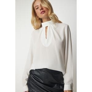Happiness İstanbul Women's White Window Detail Flowy Crepe Blouse