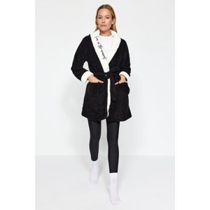 Trendyol Black Pocket Motto Embroidered Wellsoft Knitted Dressing Gown