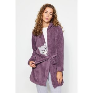 Trendyol Wellsoft Knitted Dressing Gown with Purple Cat Embroidery