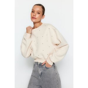 Trendyol Beige Thick Fleece Inside Stone Detailed Regular/Normal Fit Knitted Sweatshirt