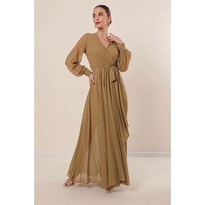 By Saygı Double Breasted Neck Long Sleeve Lined Chiffon Long Dress Gold