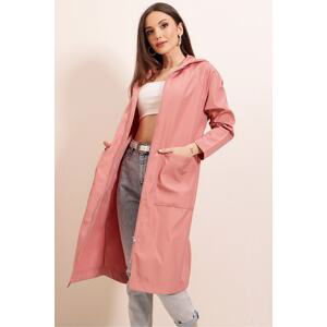 By Saygı Hooded and Pouch Pocket Trench Coat. Wide Sizes Powder.