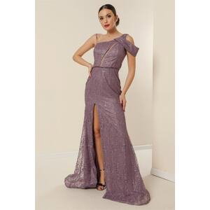 By Saygı Lilac One-Sided Rope Strap Waist Beaded Lined Sequin Embroidered Long Mermaid Dress with Front Slit