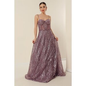 By Saygı Sequins And Glitter Underwired Long Dress With Beading Detailed, Lined Lilac