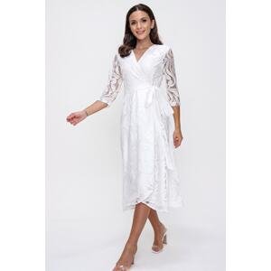 By Saygı Double-breasted Collar Lined, Wrapped Lace Dress White