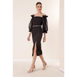 By Saygı Square Collar Organza with a slit in the front and a belted waist dress in Black.
