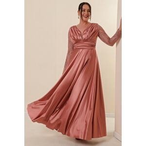 By Saygı Plus Size Long Satin Evening Dress with Tulle Sleeves and Silvery Detailed Front Pleated Copper