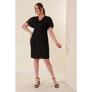 By Saygı Double Breasted Neck Sleeve Chiffon Lined Plus Size Silvery Pencil Dress Black