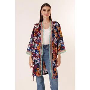 By Saygı Mixed Pattern Satin Long Kimono Jacket Black