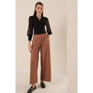 By Saygı Elastic Waist Belt Pocket Palazzo Trousers Camel