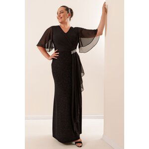 By Saygı Plus Size Silvery Long Dress With Chiffon Sleeves Stone Accessory Lined Wide Size Range Saks