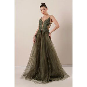 By Saygı Lined Long Tulle Dress with Rope Straps and Guipure Bead Detail