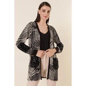 By Saygı Pulp Detailed Leaf Patterned Pocket Lycra Cardigan Black