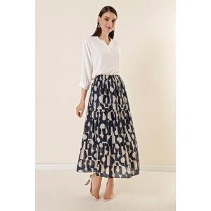 By Saygı Mixed Patterned Lined Three Layer Skirt with Elastic Waist Navy Blue