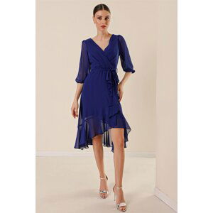 By Saygı Double Breasted Neck Skirt Flounce Waist Belted Lined Balloon Sleeve Wide Body Interval Chiffon Dress