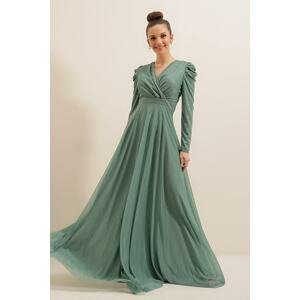 By Saygı Double Breasted Neck Shoulders Pleated Lined Silvery Long Dress Mint