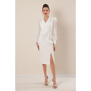 By Saygı Double Breasted Neck Waist Belt Front Slit Sleeve Chiffon And Cuff Feather Detail Crepe Dress Ecru