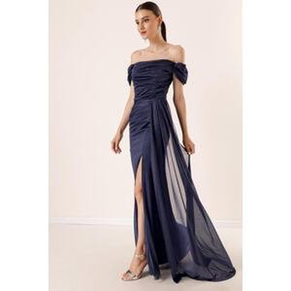 By Saygı Navy Blue Front Gathered Low Sleeve Lined Silvery Long Dress