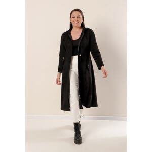 By Saygı Plus Size Suede Coat Black With Front Zipper Hooded Beaded Side Pockets