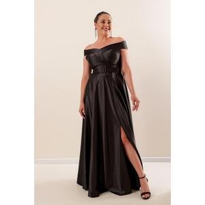 By Saygı Madonna Collar Waist Belted Lined Plus Size Long Satin Dress with Slit